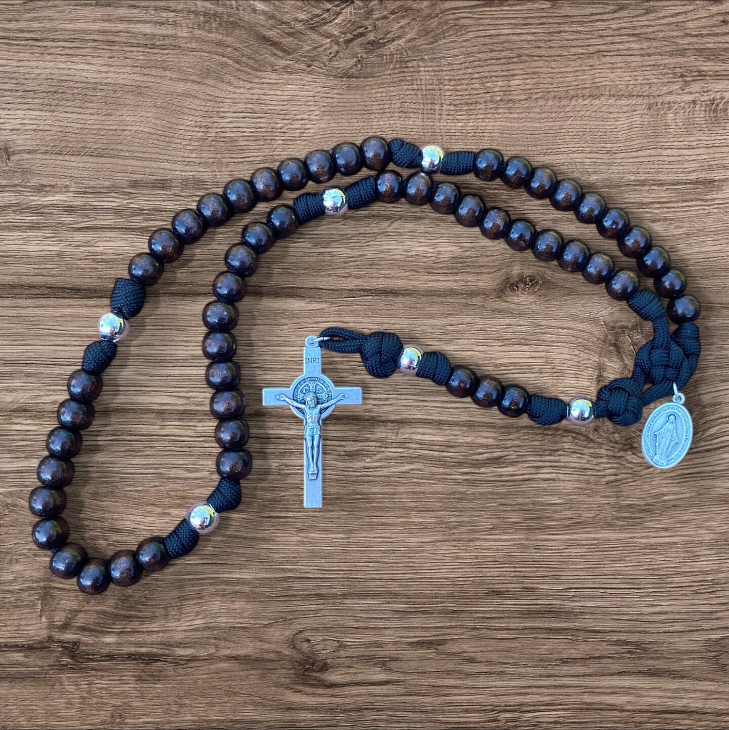 Tough Men's Paracord Rosary, Saint Benedict Sturdy Black Paracord