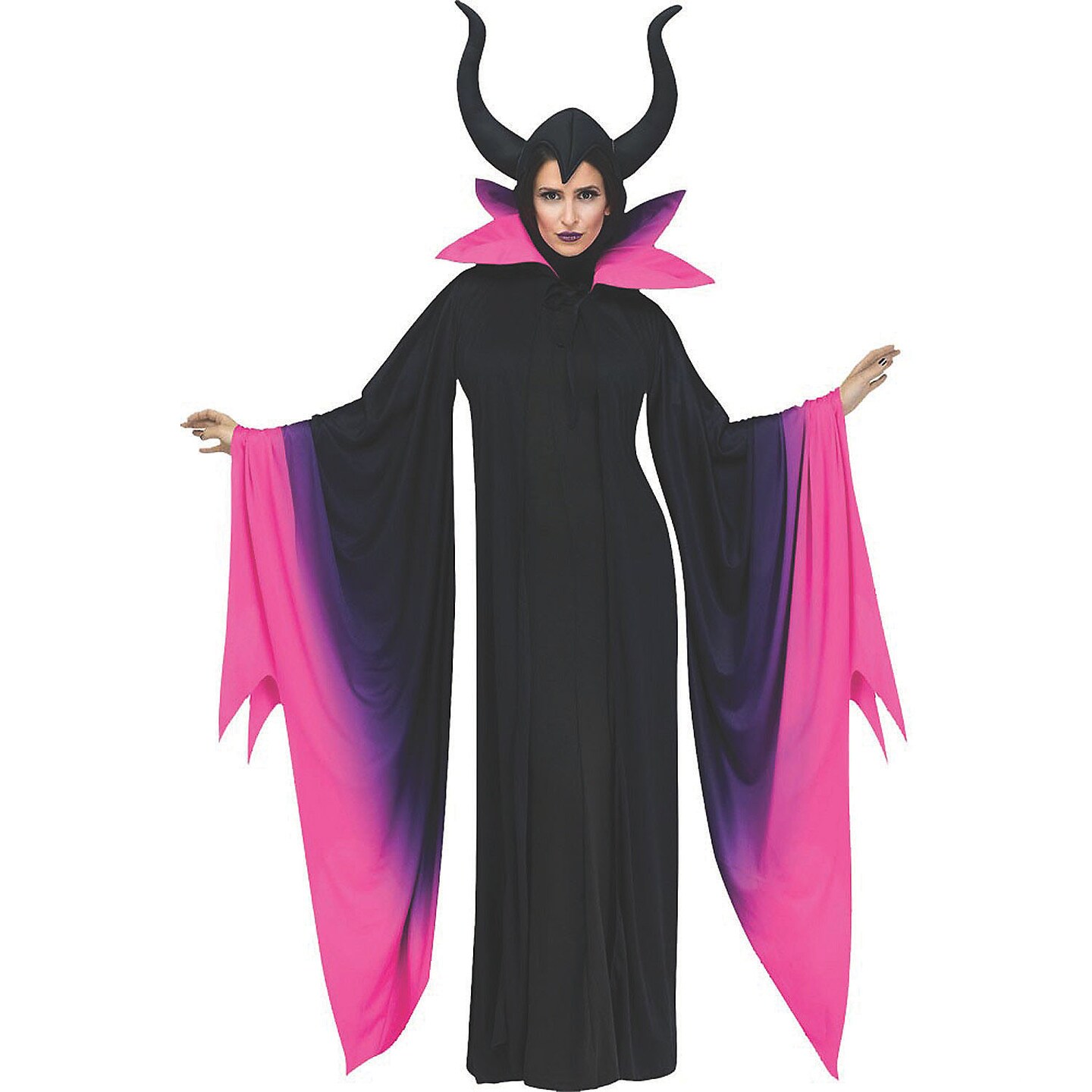 Evil Queen Adult Costume Black Robe With Pink Collar and Horned Cap