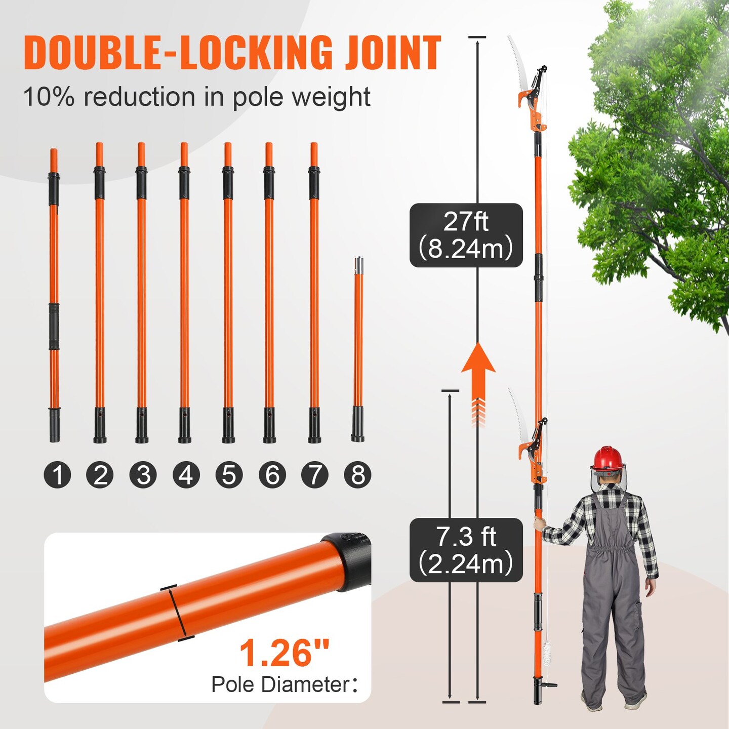 Manual Pole Saw, 7.3-27 ft Extendable Tree Pruner, Sharp Steel Blade and Scissors High Branches Trimming, Branch Trimmer with Li