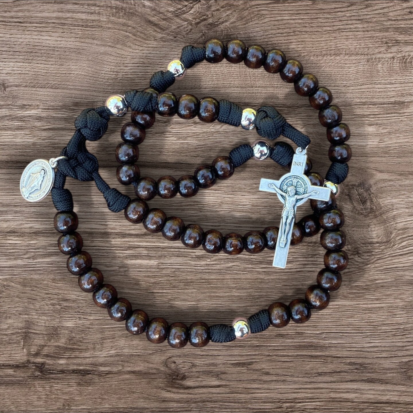 Tough Men's Paracord Rosary, Saint Benedict Sturdy Black Paracord