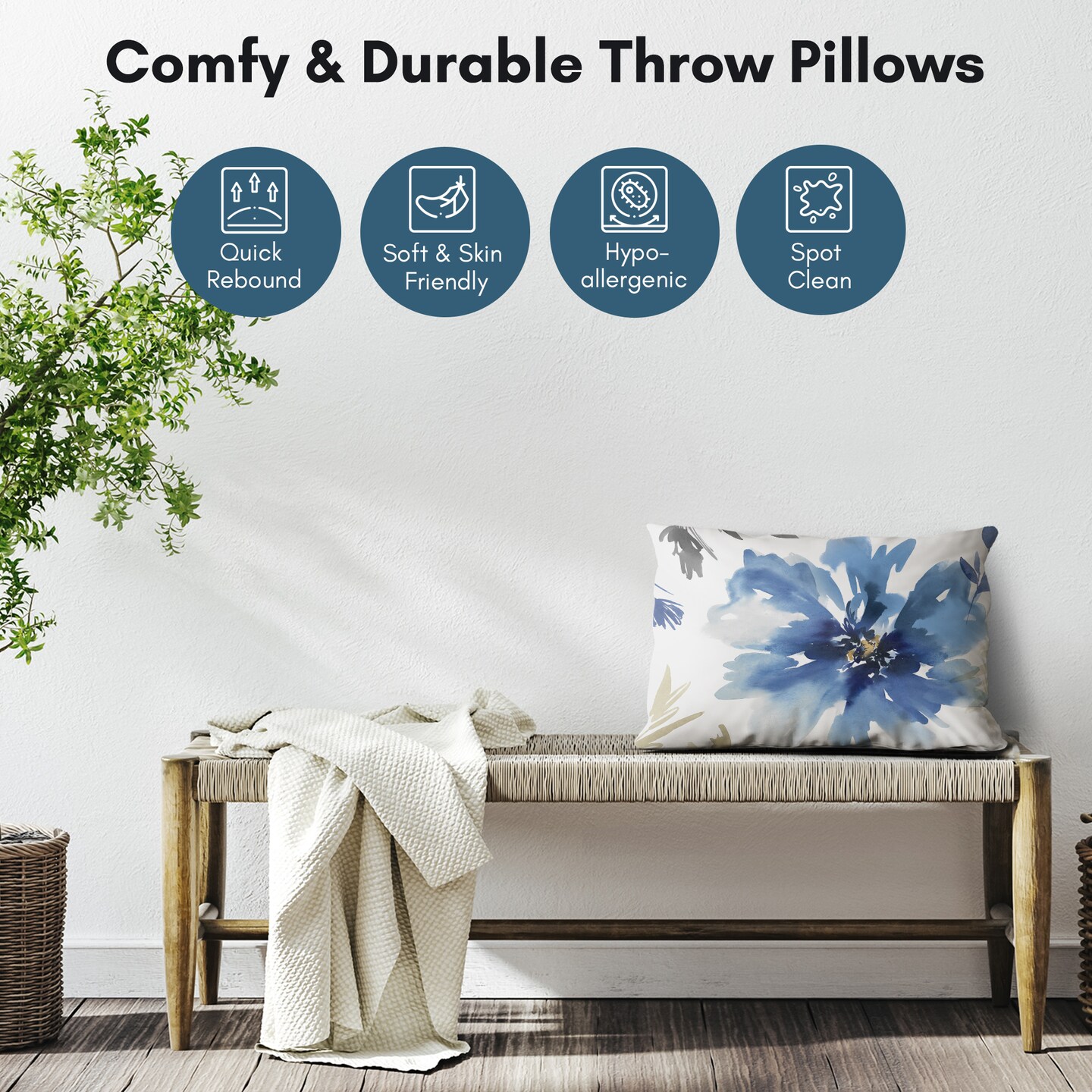 Americanflat Floral Rectangular Throw Pillow with Premium Polyester - White and Indigo