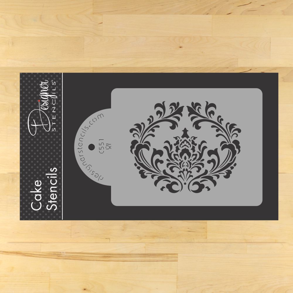 Filigree Damask Cake Stencil Side #1 | C551 by Designer Stencils | Cake Decorating Tools | Baking Stencils for Royal Icing, Airbrush, Dusting Powder | Reusable Plastic Food Grade Stencil for Cakes | Easy to Use &#x26; Clean Cake Stencil