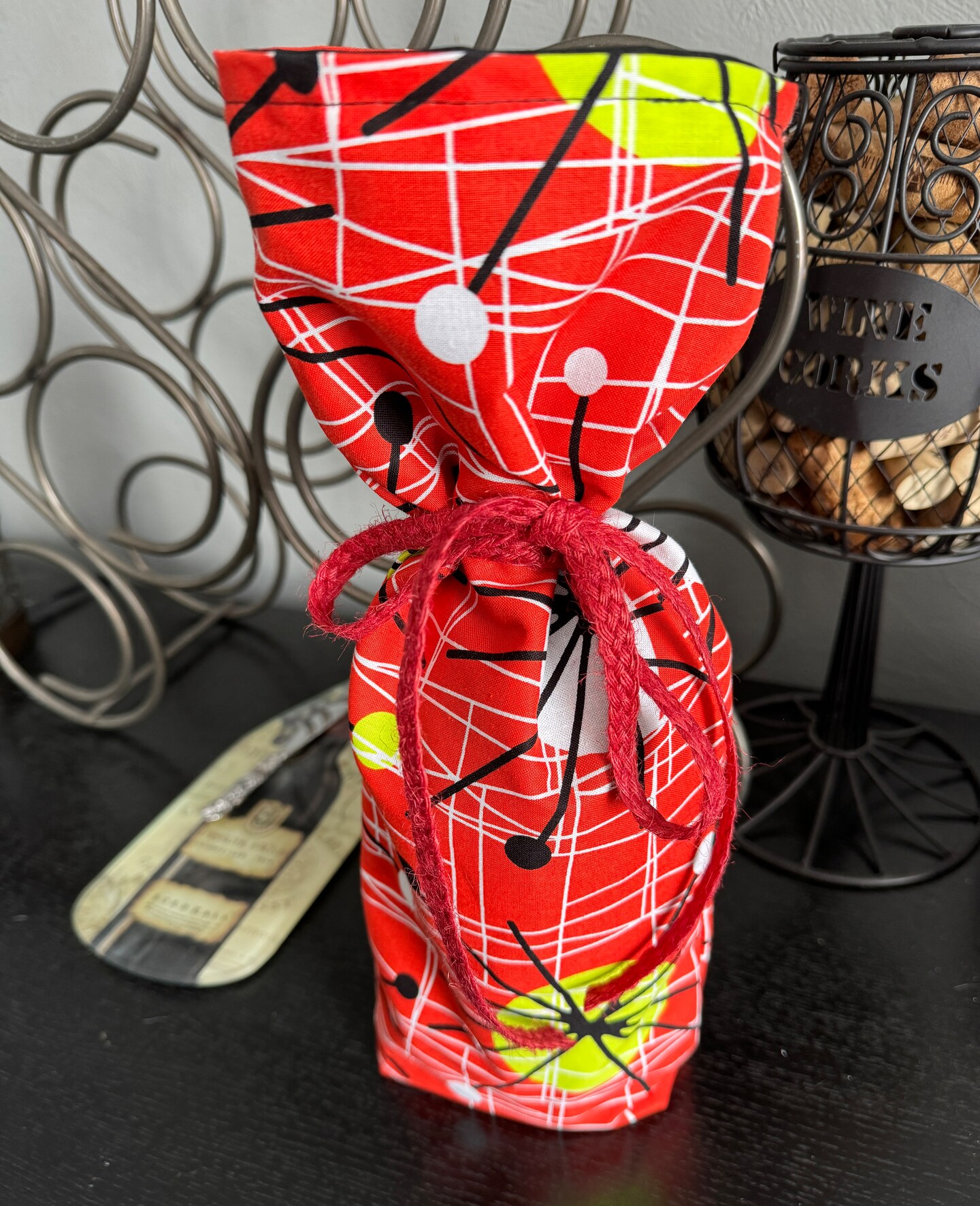 Wine Bag Atomic Modern fabric lined with solid black with ribbon  reversible Gift Bag MakerPlace by Michaels