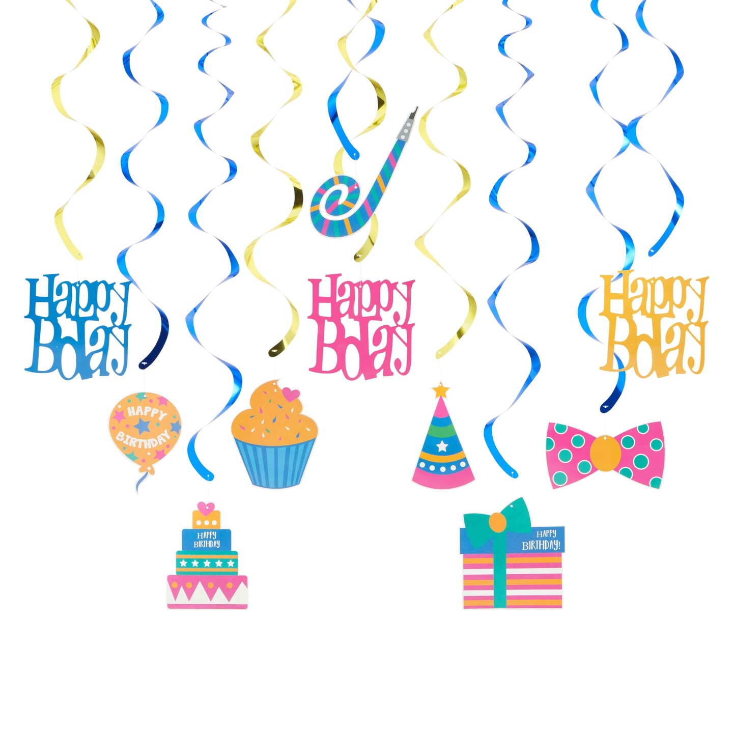 30 Pack Hanging Happy Birthday Swirl Decorations, Party Streamers for Ceiling (35-38 In)
