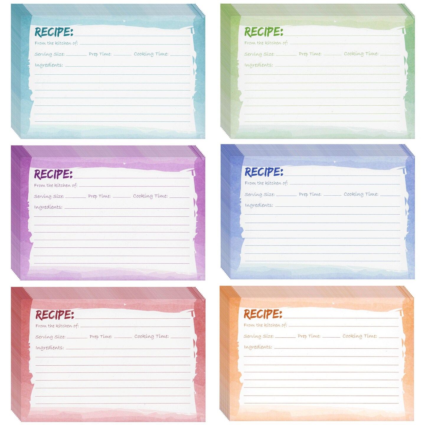Juvale 60-Pack 4x6 Recipe Cards Double Sided, Colored Recipe Index Cards for Cooking and Kitchen Organization, Restaurants, Cafes, Diners, Watercolor Design, Bulk Pack