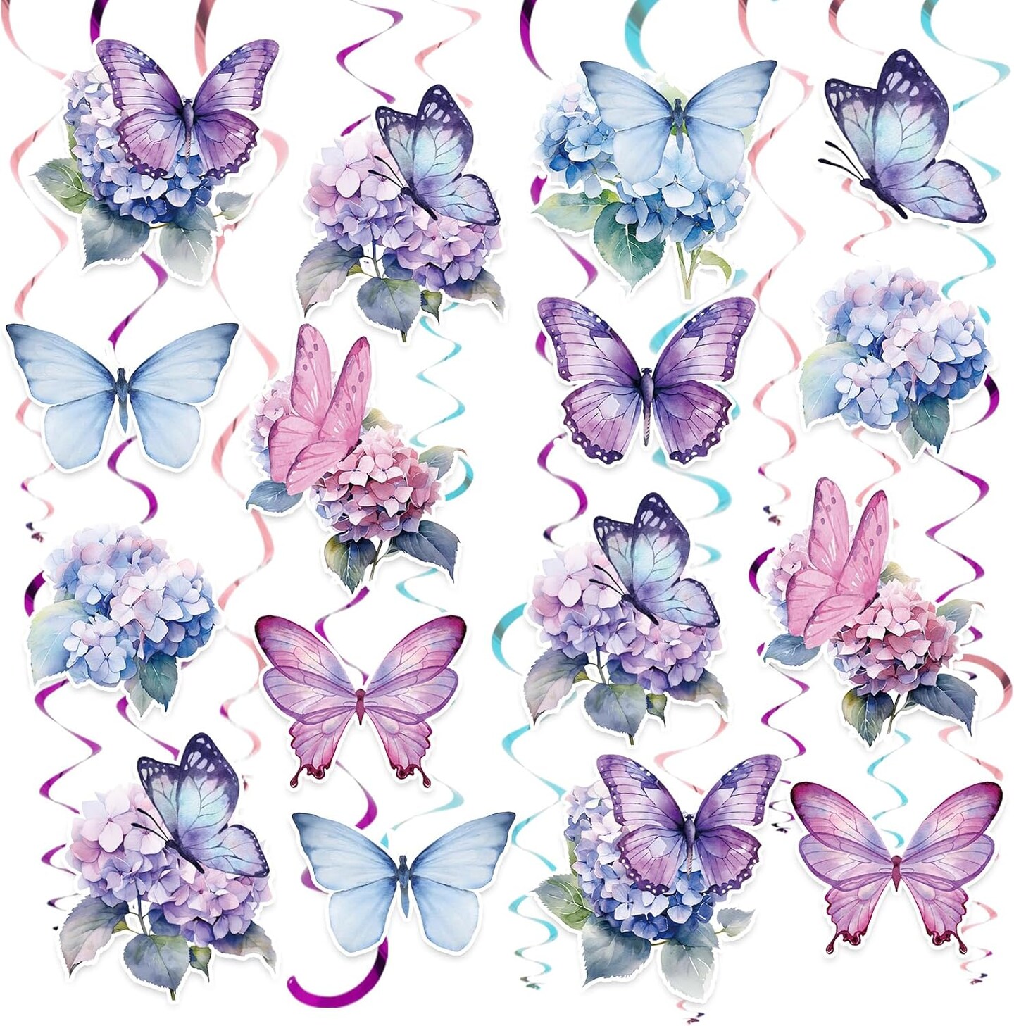34Pcs Spring Butterfly Floral Hanging Swirls Decoration Butterfly Purple Blue Flower Party Streamer Hanging Ceiling for Spring