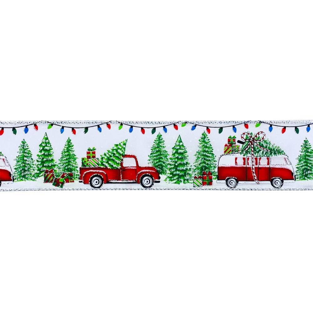 Designer&#x27;s Shop Holiday Tree truck wired ribbon, WR 63-5135 2.5&#x201D; x 10 yard