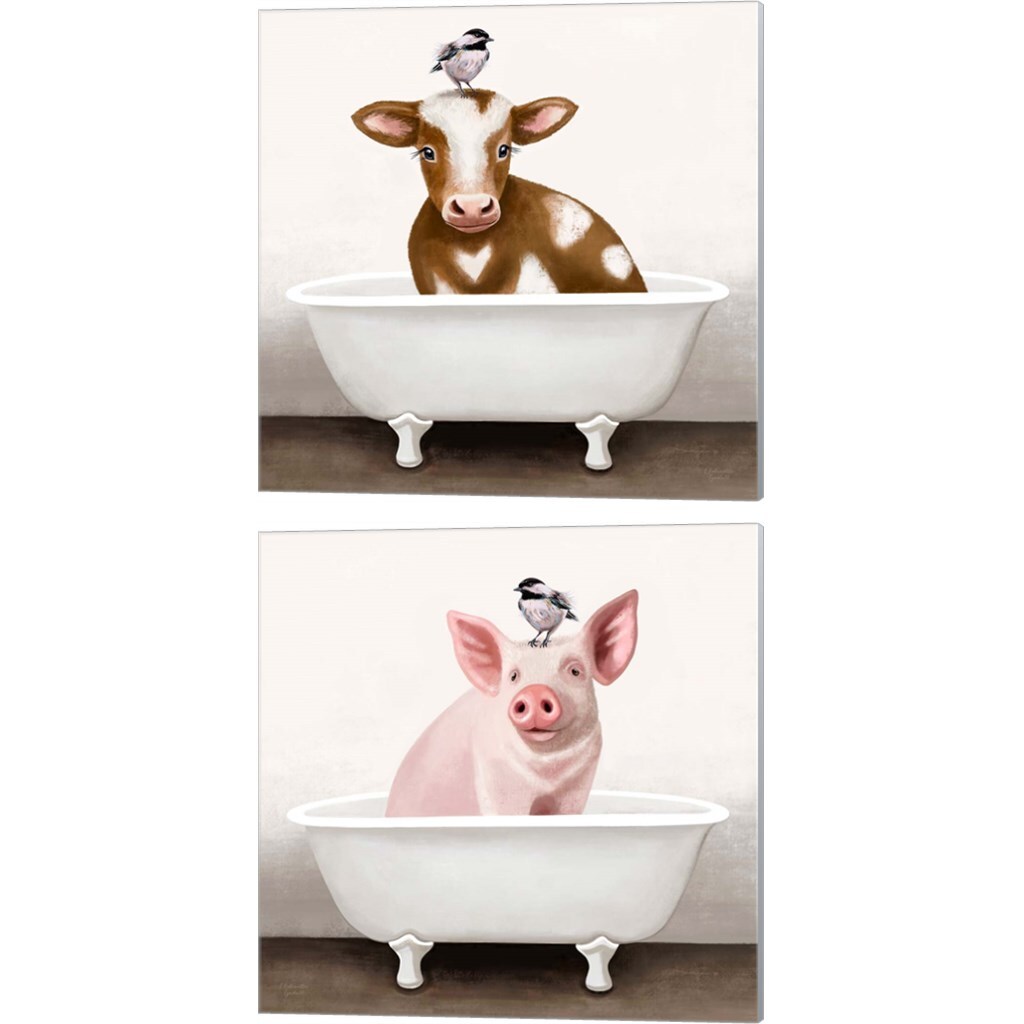 Cow & Pig in Bathtub by Elizabeth Tyndall 14" x 14" Canvas Wall Art (Set of 2)