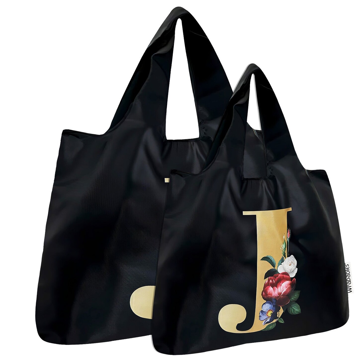 Wrapables Large & Small Nylon Reusable Grocery Bags, Initial Letter Tote Gift Bag for Wedding, Set of 2, Letter J