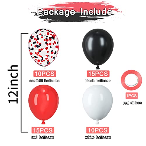 50 Pack 12 Inch Red and Black Latex Balloons - Black, White, and Red Confetti Balloons with Ribbons for Birthday, Graduation, Wedding, Bridal Shower, and Party Decorations