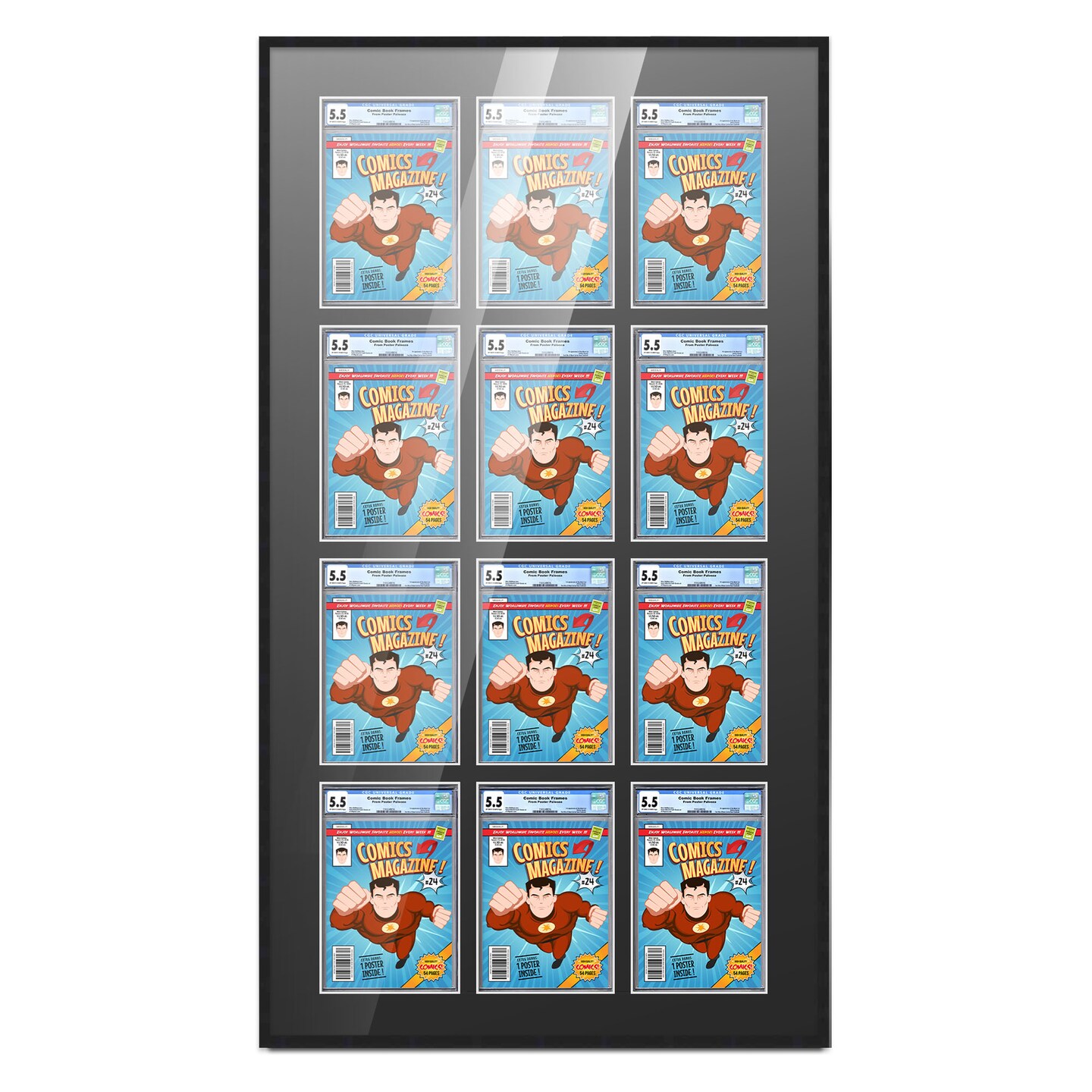 Comic Book Display Frame for CGC, PGX Graded, Slabed Comics - Black Wood Comic Frame With Black Mat for 8.125x13 Comics, 18 Frame Sizes