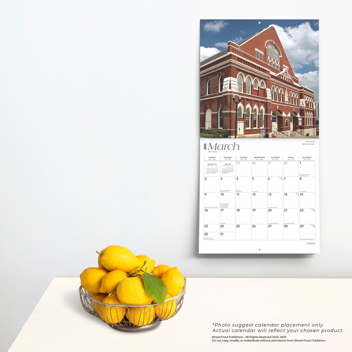 Nashville | 2025 12 x 24 Inch Monthly Square Wall Calendar | Plastic-Free | BrownTrout | Travel American Cities Tennessee