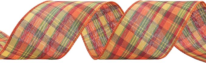 Fall Tartan Wired Ribbon 2-1/2 Inch x 10 Yard Orange, Red, Green, and Yellow Fall Plaid Ribbon for Large Bow Wreath, Gift Wrapping, and Tree Decoration