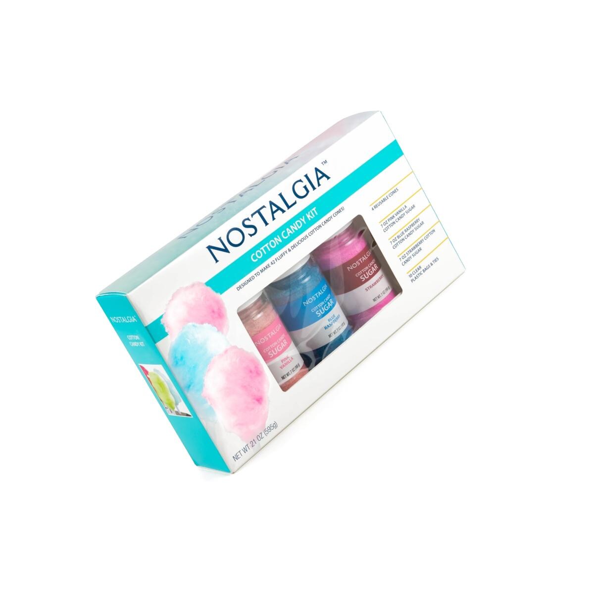 Nostalgia Cotton Candy Party Kit with 7 oz Each Pink Vanilla, Blue Raspberry &#x26; Strawberry Flossing Sugars - Reusable Cones &#x26; Twist Ties