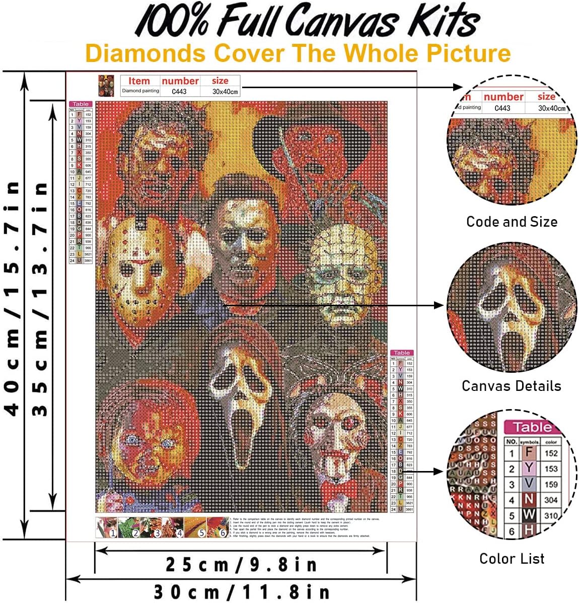 5D Diamond Painting Kits for Adults Halloween Diamond Arts: Horror Diamond Painting DIY Full Round Drill for Home Wall Decor and Adults, Kids Holiday Gift