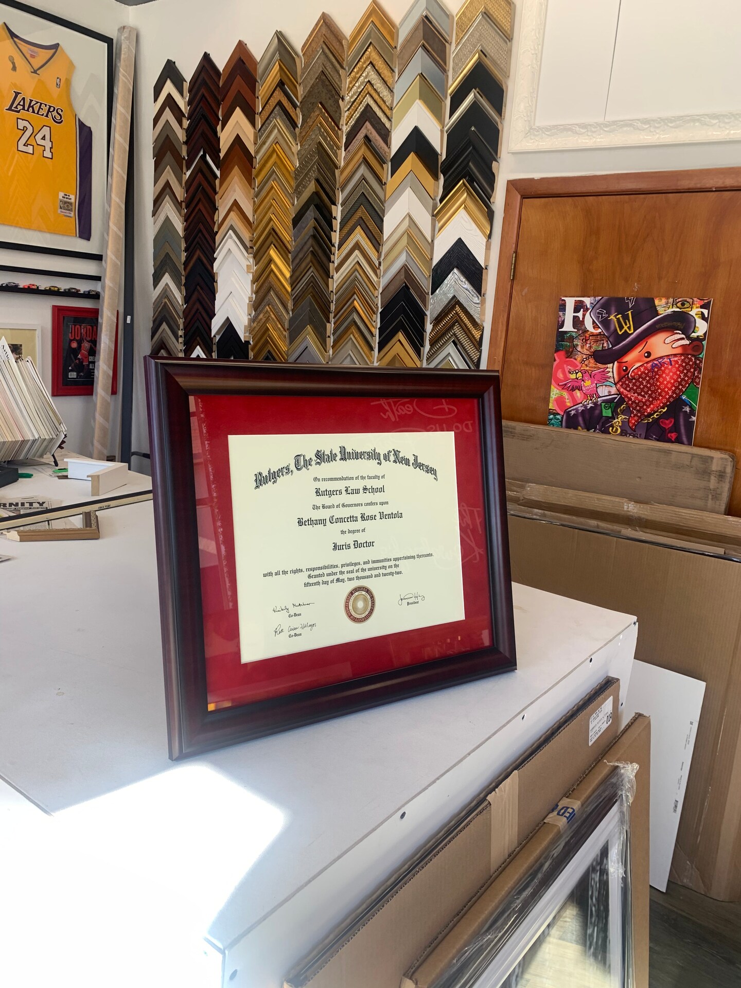 Rutgers diploma frame with red suede mat