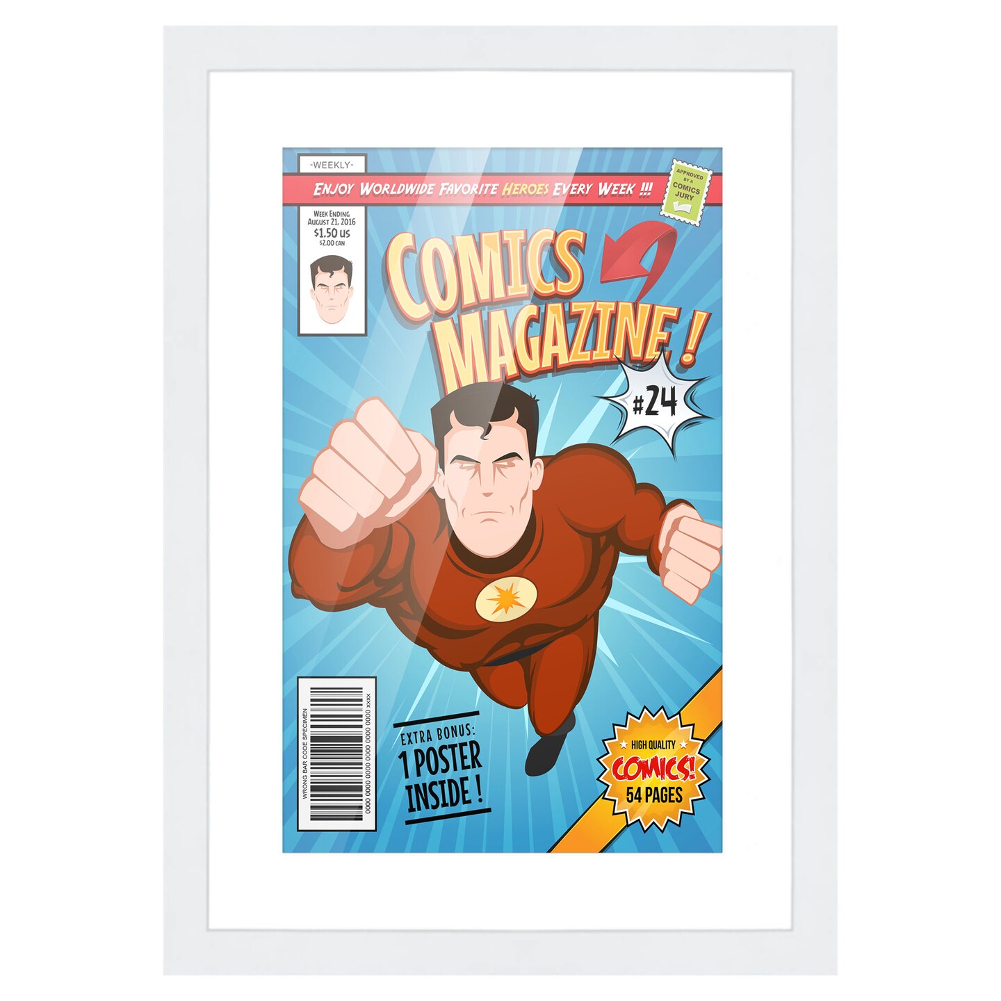 Comic Book Display Frame for Golden Age Comics Published Between 1938 and 1956 - White Wood Comic Frame With White Mat for 7.75x10.5 Comic, 18 Frame Sizes