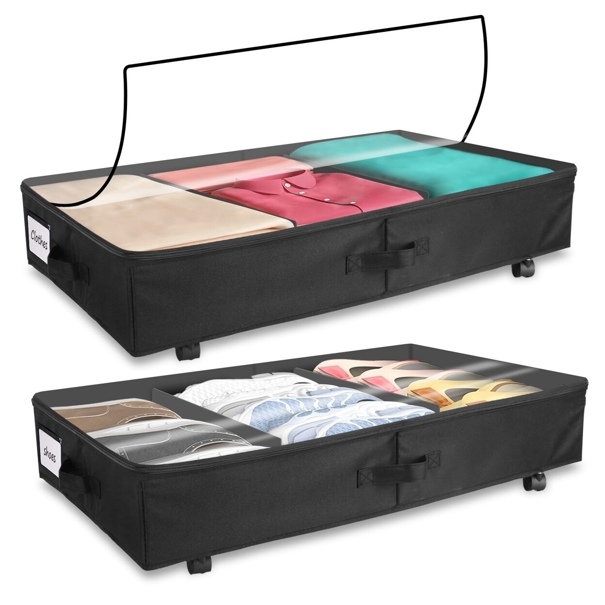 2Pcs Under Bed Storage Container With Lockable Wheels Dividers Label Clear Lid Strap Handles Rolling Under Bed Metal