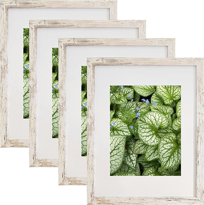 11x14 Frames Set of 4, Display Pictures 8x10 with Mat or 11x14 Without Mat, Wall Mounting, Distressed White