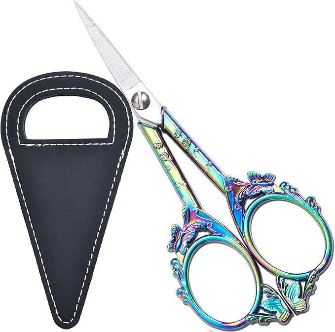 Small Embroidery Scissors, 4.7 inch Detail Cross Stitch Shears Rainbow Vintage Sharp Craft Scissor for Sewing Crochet Art Needlework Yarn Thread Snips Handicrafts Tools with Black Case