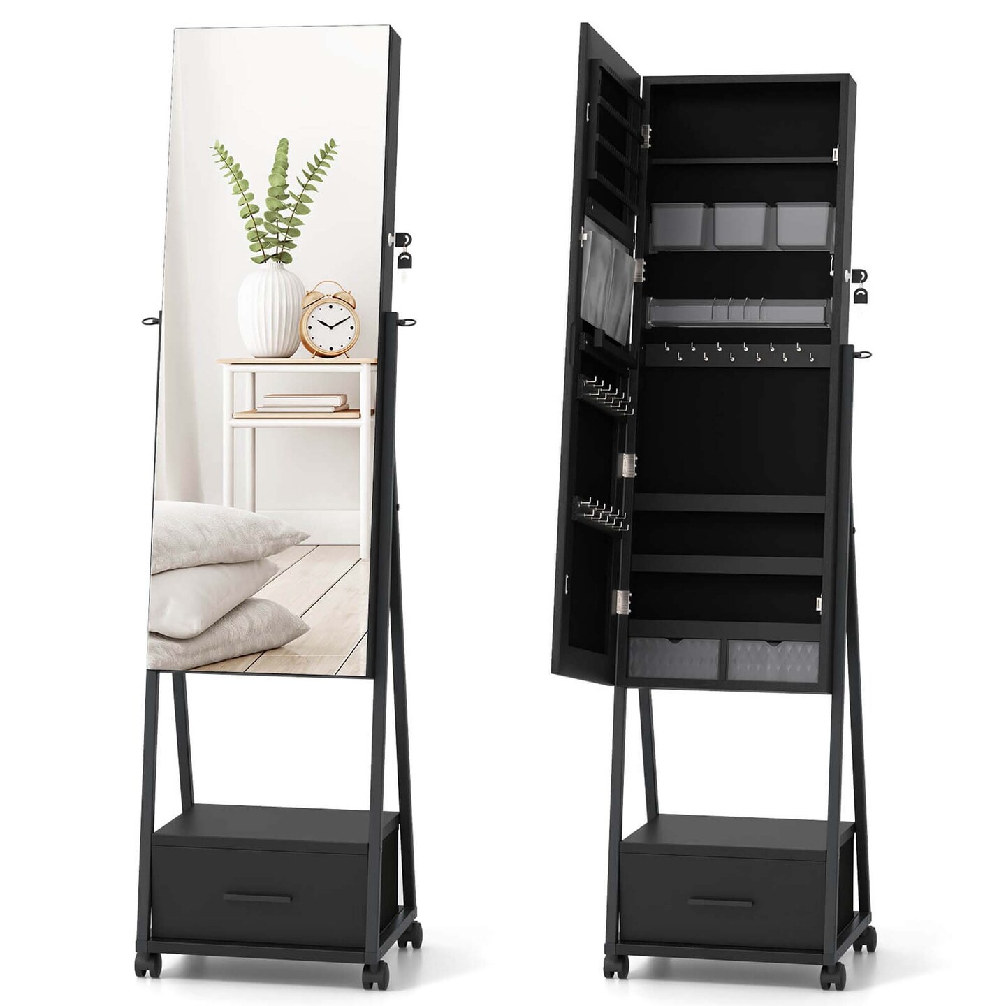 Costway Jewelry Cabinet Armoire Full Length Mirror Lockable with Bottom Drawer &#x26; Wheels White/Coffee/Black
