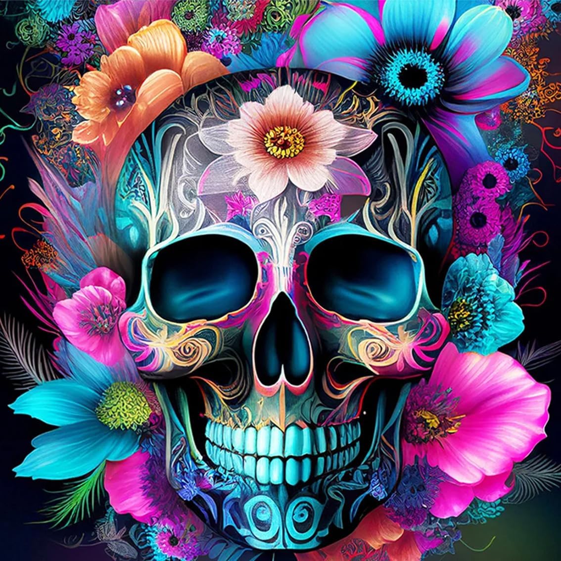 Skull Flower Diamond Painting Kits for Adults, DIY Full Round Drill 5D Full Drill Crystal Rhinestone Diamond Art Kits, Gem Art Craft Home Wall Decor 13.78 &#xD7; 13.78 inches.