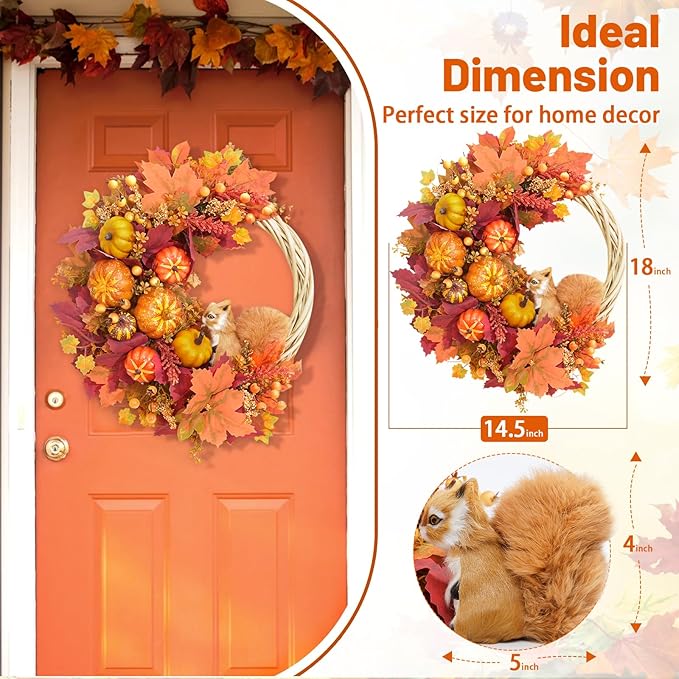 Fall Wreath Decor, Fall Wreaths for Front Door with Lifelike Squirrel, Pumpkins Berries &#x26; Maple Leaves, 18&#x22; Autumn Fall Door Wreath Fall Wreaths for Front Door Outside Thanksgiving Home Decor.