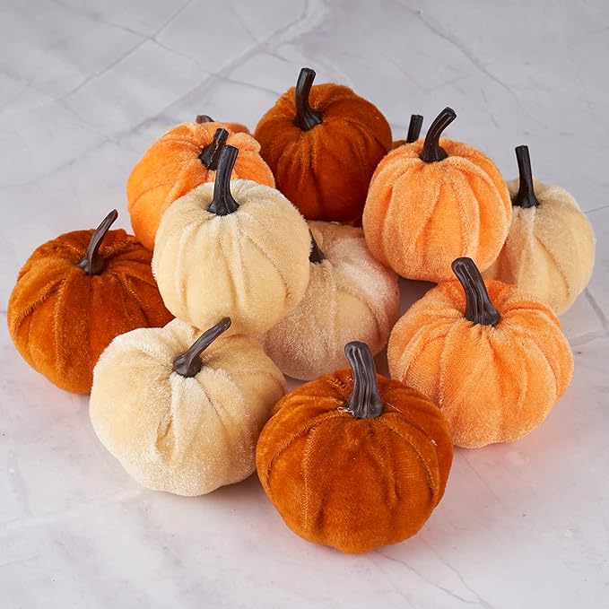 Pumpkin Decor 12 Pieces Artificial Fake Faux Velvet Foam Fabric Pumpkins Decoration for Fall Home Farmhouse Harvest Thanksgiving Decorative