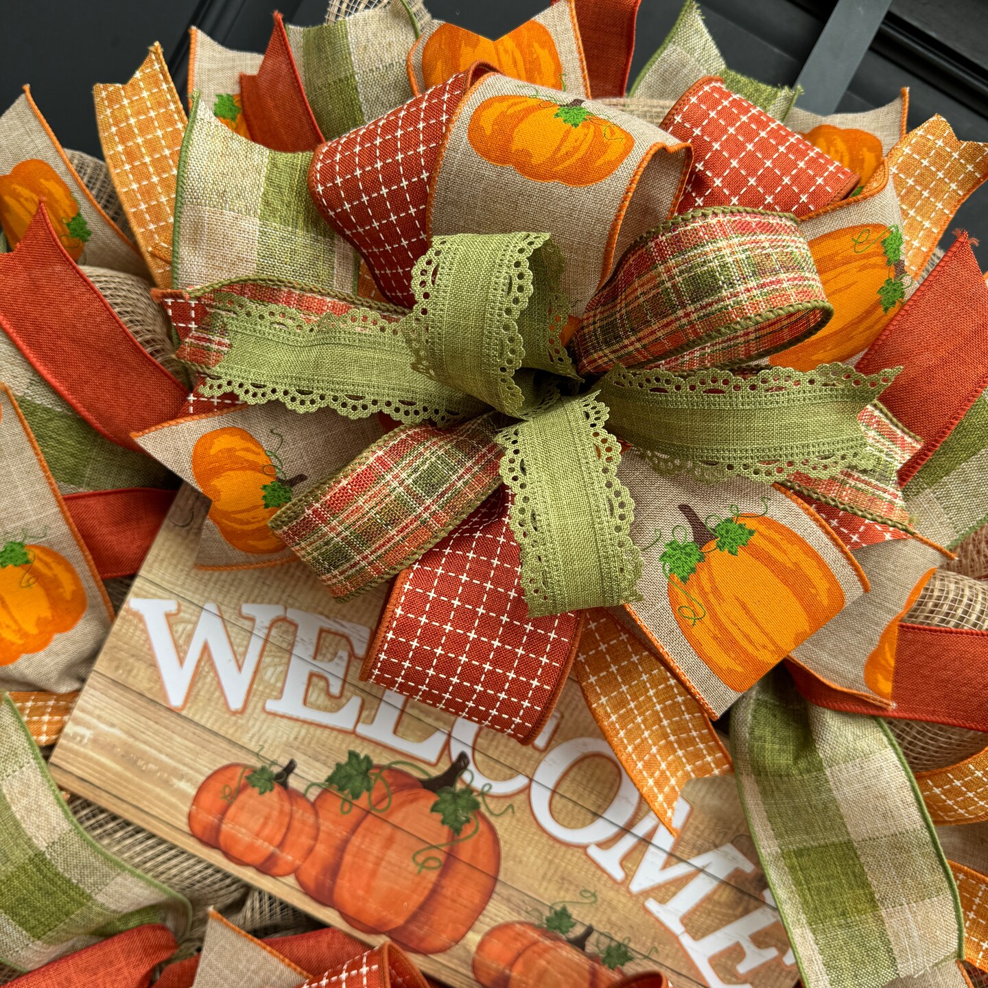 Early fall mesh wreath for front cheapest door with tobacco basket welcome sign, ribbons, creamy mums, white pumpkins, late summer, early fall wreath