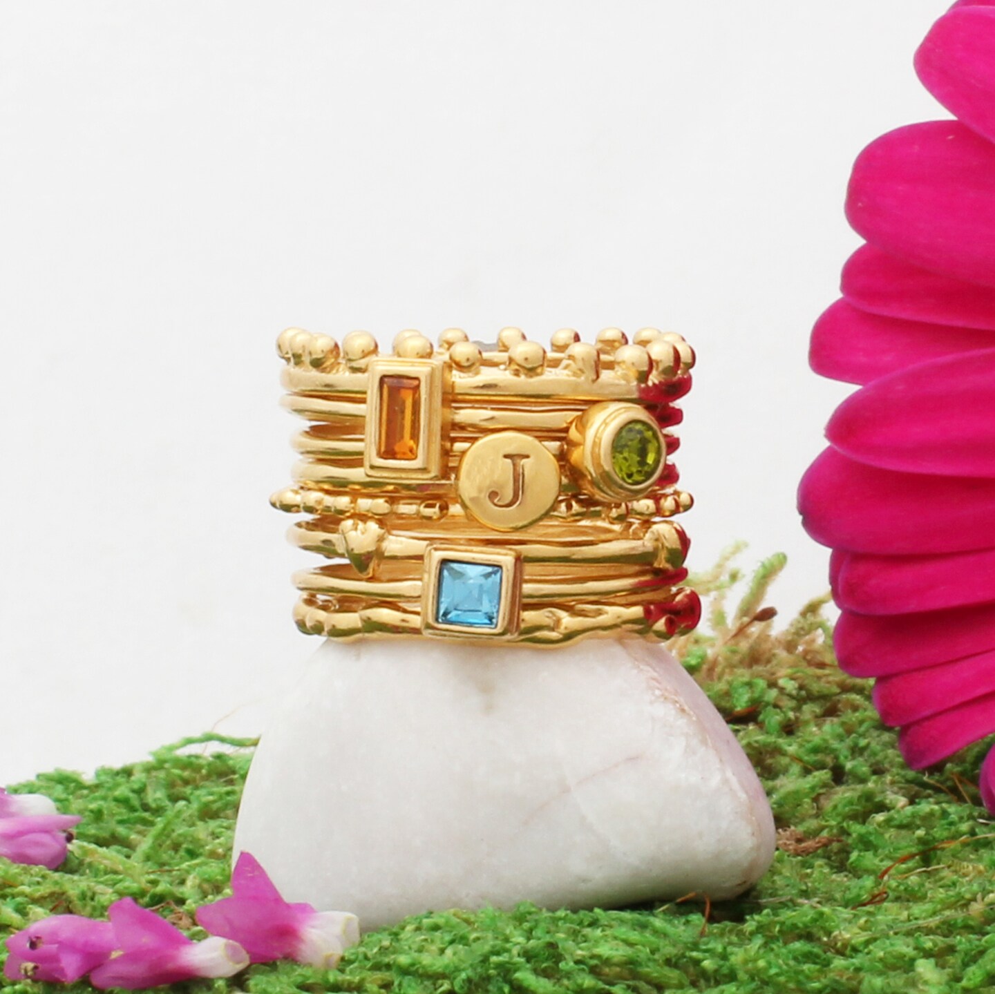 Handmade Stack Ring Set in Gold with Initials and Birthstones | Design your Stacking Ring | Best Mom Gift | Minimalist Rings | New Mom Gift