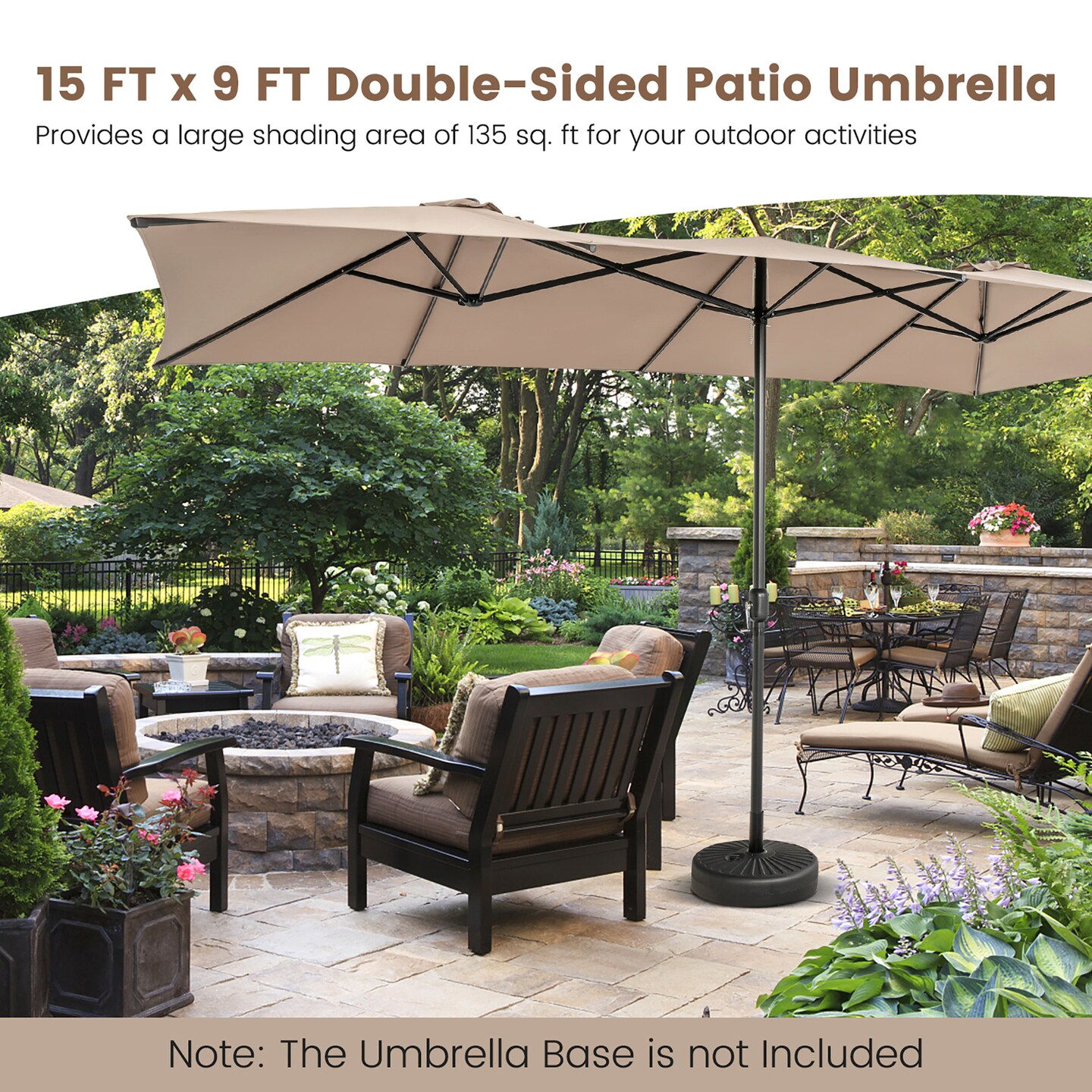 Costway 15FT Double-Sided Patio Market Umbrella Large Crank Handle Vented Outdoor Twin