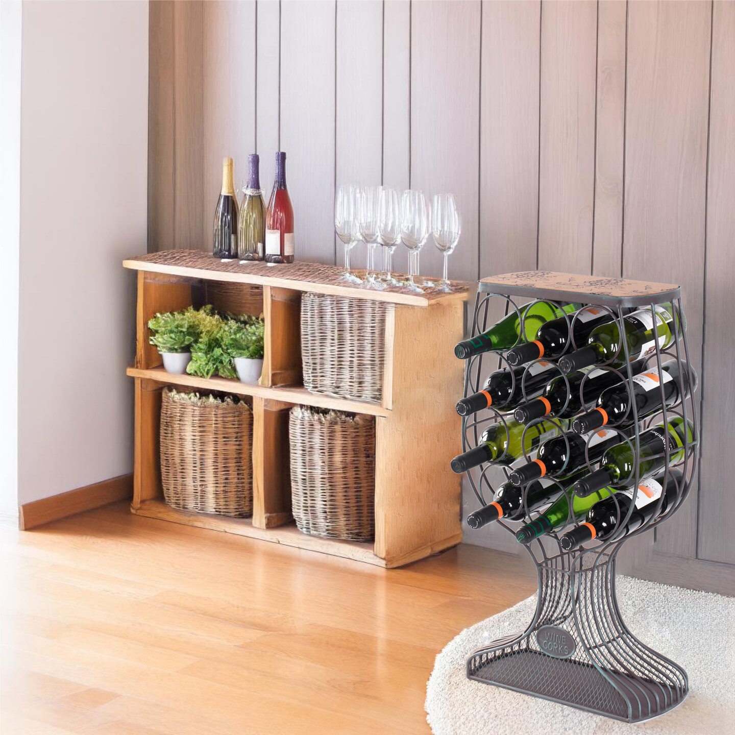 Freestanding Floor Wine Rack with Wooden and Metal Goblet Design - Holds 12 Bottles and Includes Wine Cork Holder - Stylish Bar Organizer for Home, Kitchen, Dining Area and Living Room Décor