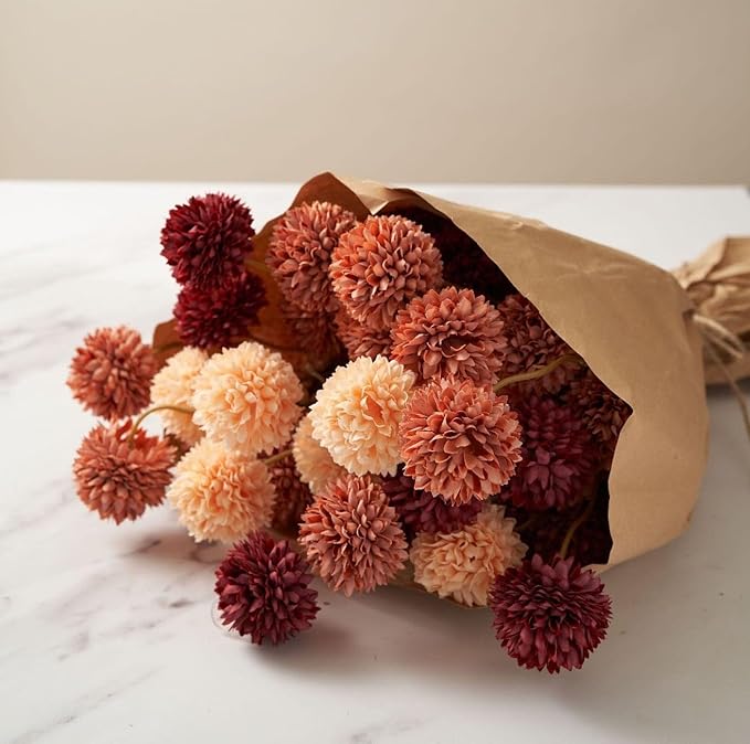 Burnt Orange Faux Kiku Flower 10 Stems + 18 Brown Eucalyptus Stems, Assorted Artificial Silk Mums Autumn Flowers, Mini Fake Chrysanthemum Flowers, Faux Stems Artificial