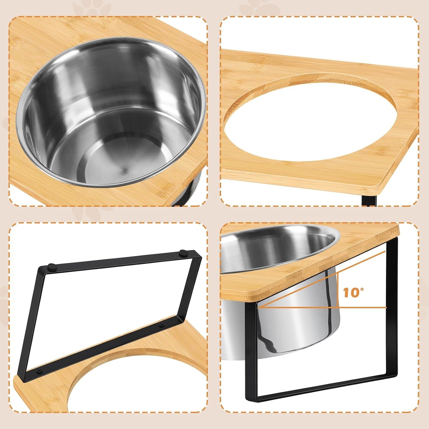 Dog Bowls Stand Bamboo Raised Dog Bowl with 2 Stainless Steel Food Water Bowls Set Food Feeding Dishes for Indoor Cat and Large Medium Dogs