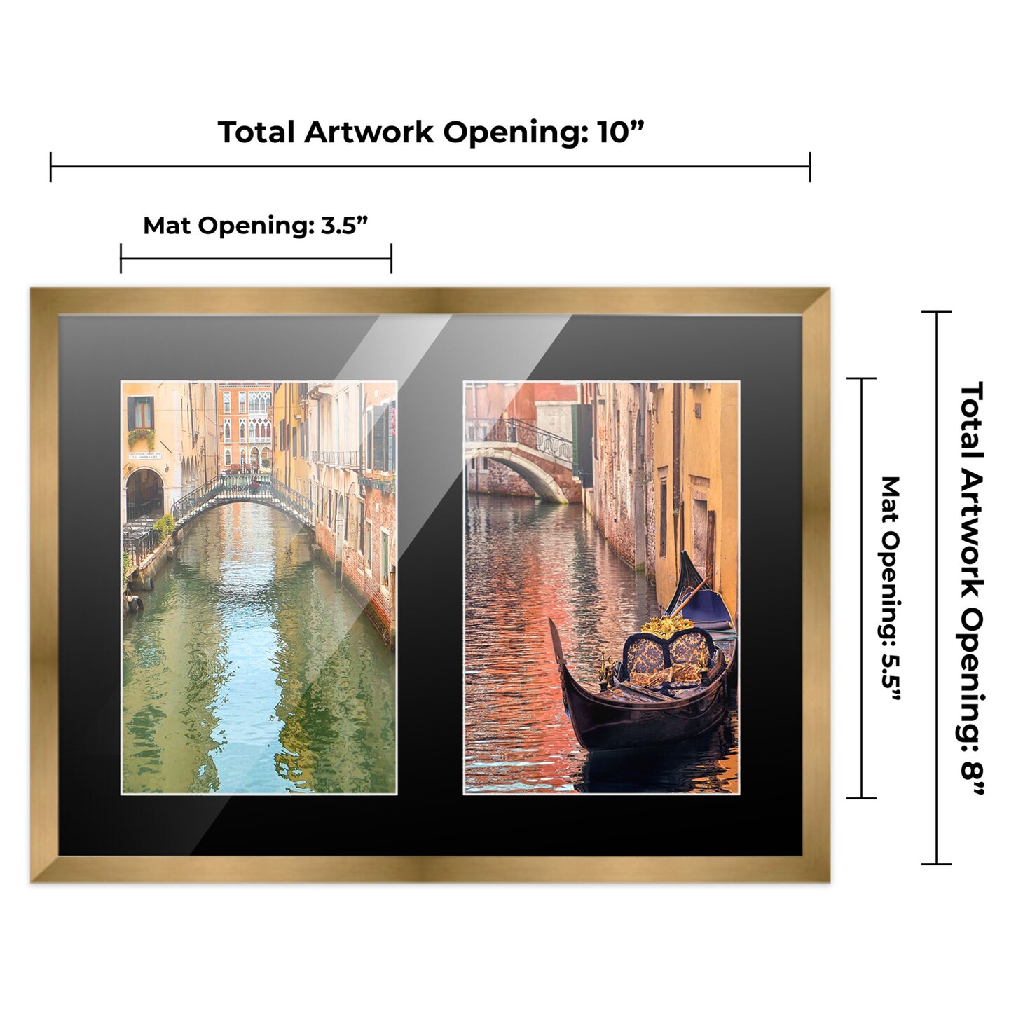 Metallic Gold Bronze Finish Collage Frame - Black Mat, 20 Frame Sizes to Choose From, UV Acrylic, Wall Hanging Hardware, Vertical or Horizontal Display