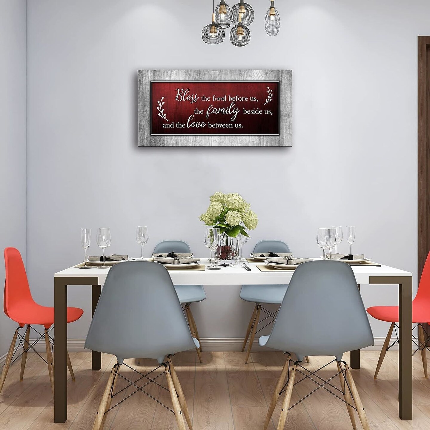 Motivational Quotes Christian Wall Art Red and Grey Canvas Prints Bless The Food Quote Wall Pictures Framed Artwork for Home Living Room Dining Room Kitchen Decor