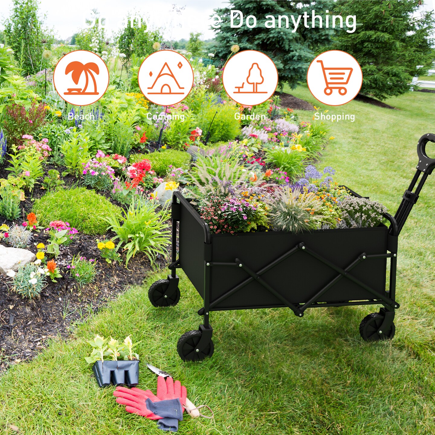150L Collapsible Folding Wagon Heavy Duty Foldable Wagon Cart Outdoor Utility with Silent Universal Wheels, Adjustable Handle for Camping