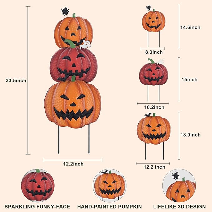 Halloween Yard Decor, 34&#x22; Ornamental Garden Stakes with Three Pumpkins Halloween Party Decorations: Garden Lawn Patio with Jack O&#x27; Lantern Metal Yard Signs