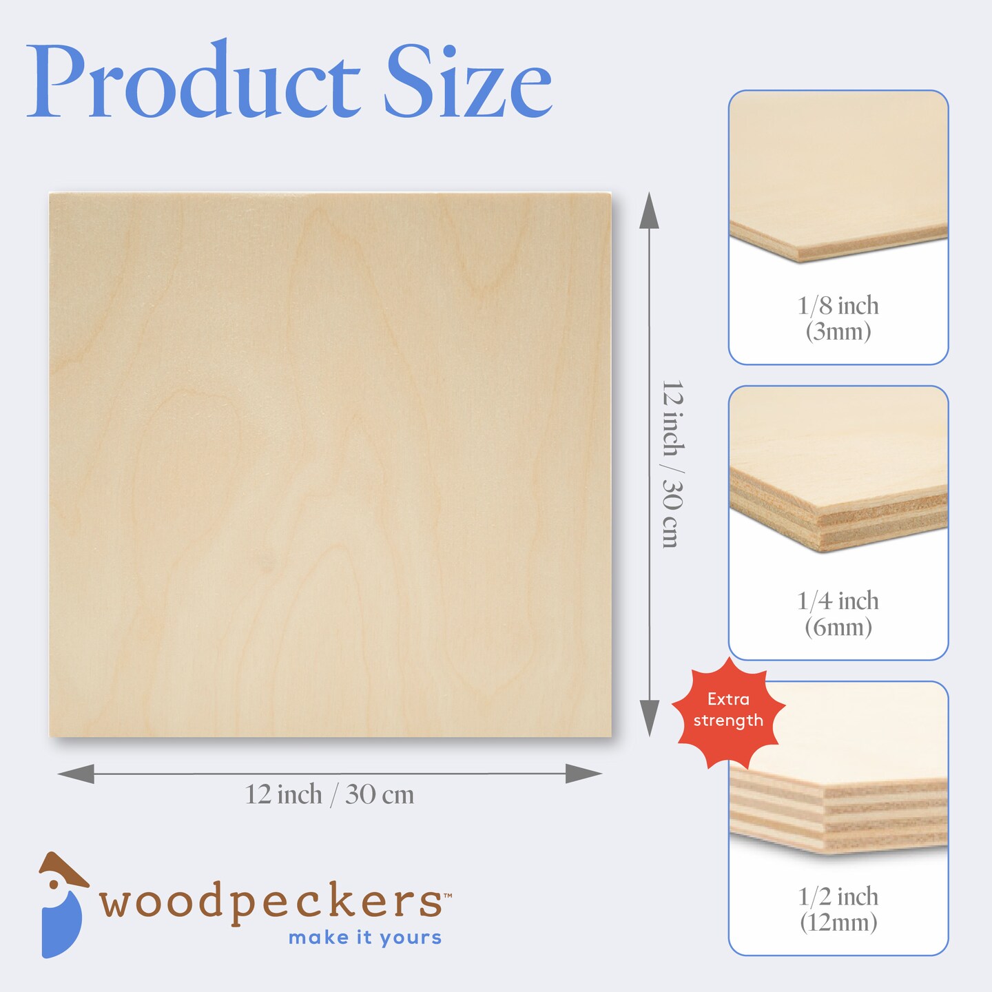 Baltic Birch Plywood, 12 x 12 Inch, B/BB Grade Sheets, 1/2, 1/4 or 1/8 Inch Thick| Woodpeckers