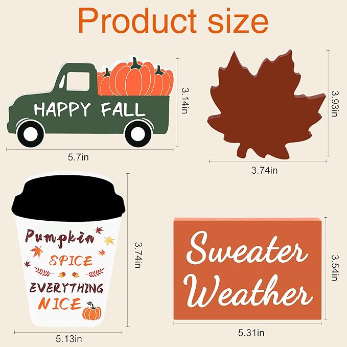 Fall Decorations for Home 4 Piece Wooden Coffee Cup Maple Leaf Car Sweater Weather Sign Farmhouse Table Tiered Tray Decor Thanksgiving Decoration