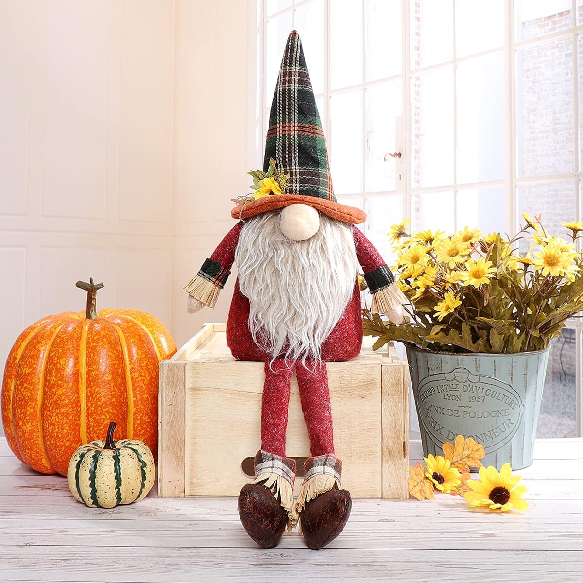 Fall Gnome Set with Two Dangle Legs. Buffalo Check Hat Plush Nisse Figurine. Swedish Nordic Tomte Scandinavian for Autumn Thanksgiving Home Decor Interior Decorations