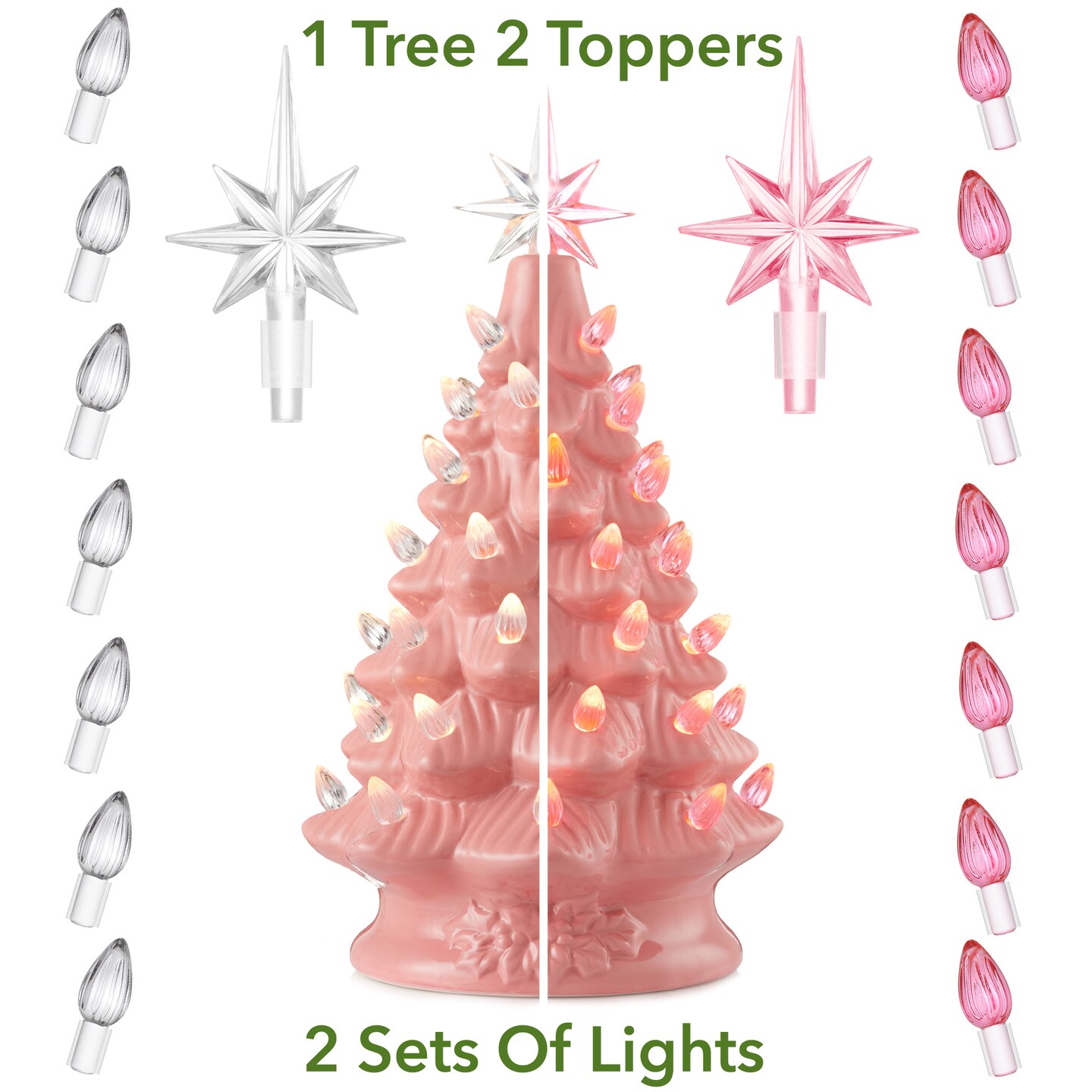 Casafield Hand Painted Ceramic Christmas Tree, 12-Inch Pre-Lit Tree with 100 Multi Color Lights and 2 Star Toppers