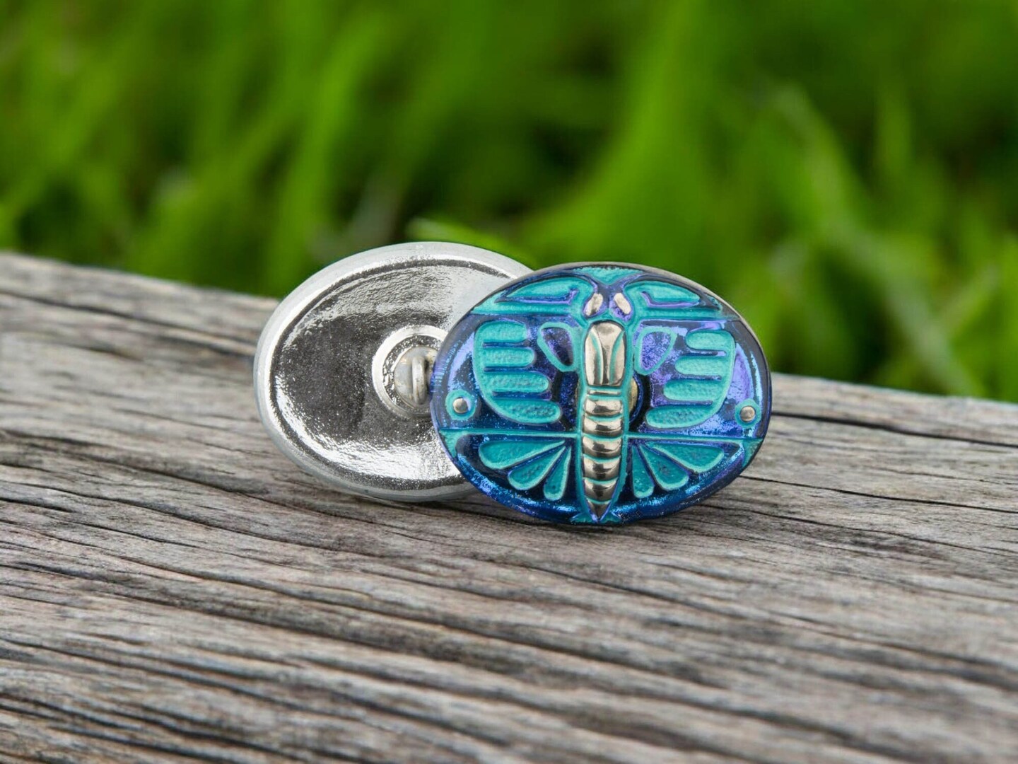 29x22mm Oval Art Deco Butterfly Button - Electric Blue Purple Finish with Aqua Wash and Platinum Paint -- Czech Glass Buttons