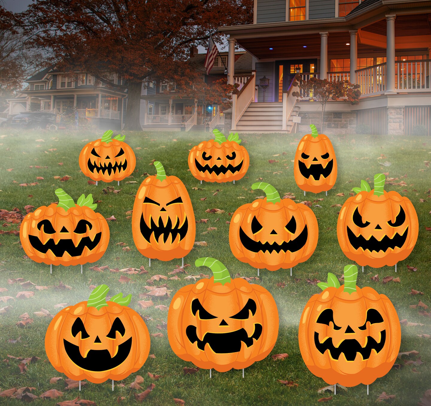 Big Dot of Happiness Halloween Pumpkins - Lawn Decorations - Outdoor Jack-O&#x27;-Lantern Party Yard Decorations - 10 Piece