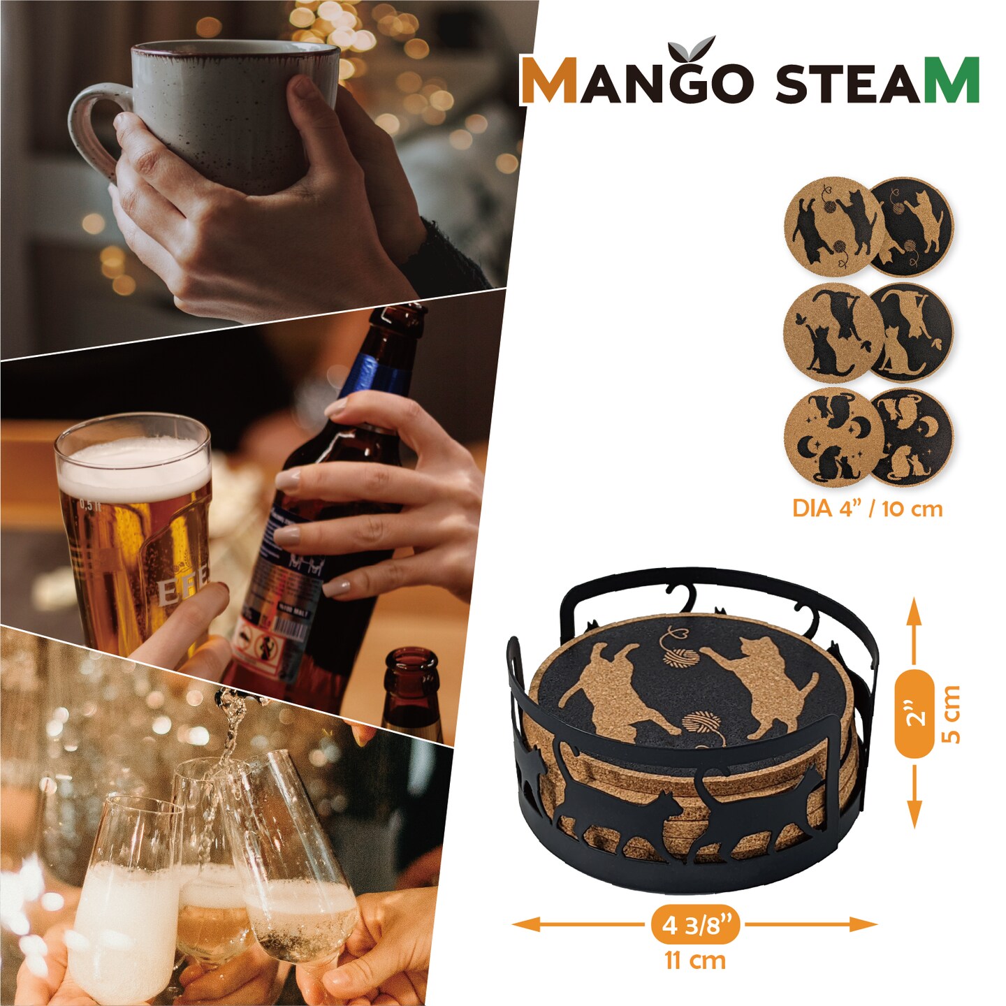 Mango Steam Set of Six Cat Cork Coasters with Decorative Cork Holder