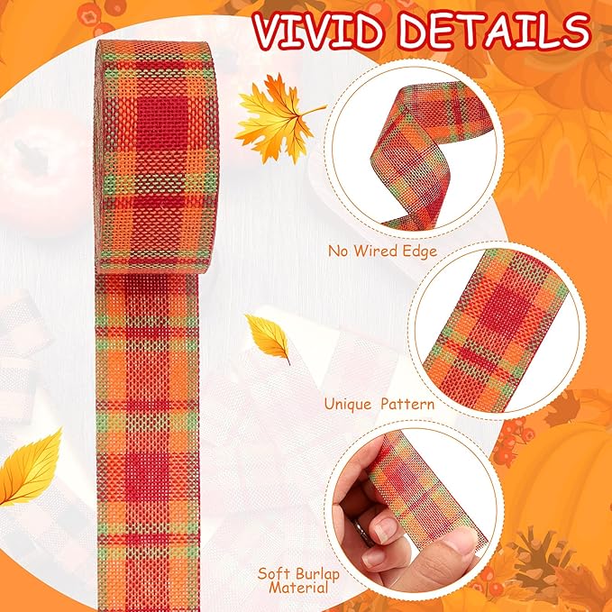 5 Rolls 30 Yards Plaid Burlap Ribbon Rolls 1 Inch Fall Wired Wrapping Ribbon Thanksgiving Wired Edge Ribbon Autumn Decorative Ribbon for the Harvest Thanksgiving Wreath Decoration