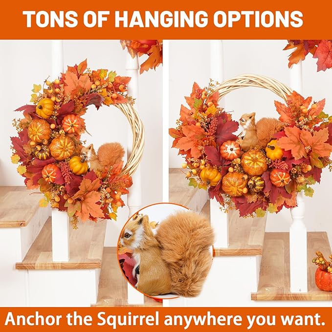 Fall Wreath Decor, Fall Wreaths for Front Door with Lifelike Squirrel, Pumpkins Berries &#x26; Maple Leaves, 18&#x22; Autumn Fall Door Wreath Fall Wreaths for Front Door Outside Thanksgiving Home Decor.