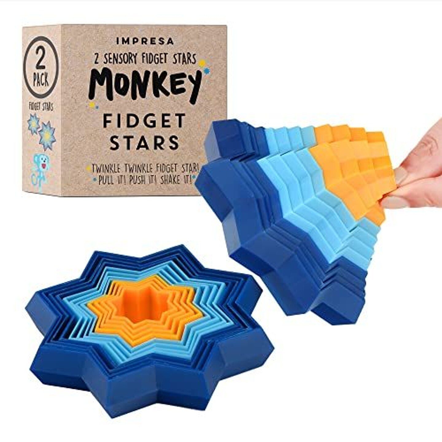 IMPRESA 2-Pack Original Monkey Fidget Star Kid Sensory Toys to Help Calm &#x26; Focus - 3D Star Shaped Fidget Toys for Stress Relief in Children - Multi-Color Fidget Toy Pack for Mesmerizing Hours of Fun