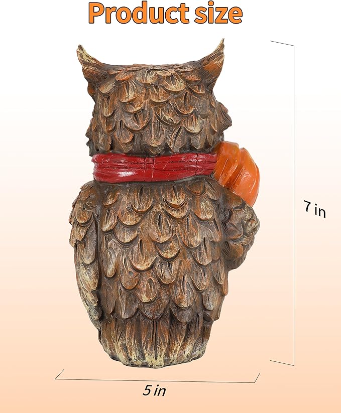 Fall Harvest Owl Ornaments - 7&#x22; Resin Craft with Red Scarf and Pumpkin for Thanksgiving Table Decorations Centerpieces Owl decor for shelves, desks, homes, offices, and gardens.