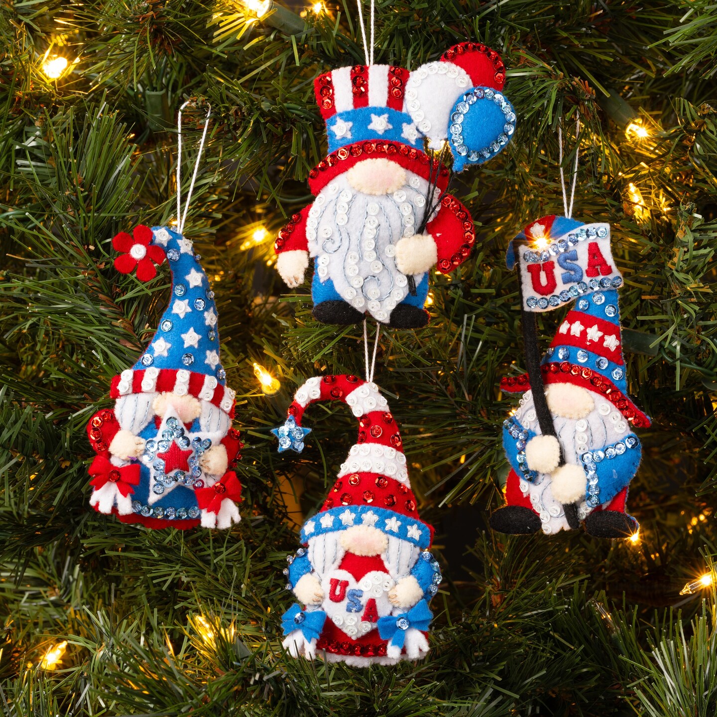 Bucilla Felt Ornaments Applique Kit Set Of 4-Red, White &#x26; Blue Gnomes